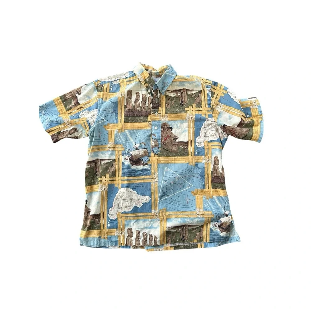 Vintage Reyn Spooner Hawaiian Shirt Men's XL Tropical Easter Island 1/4 Button